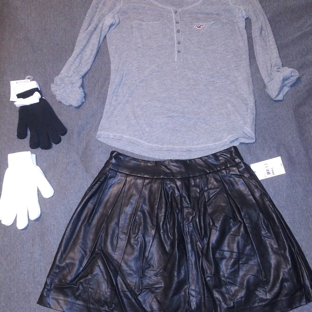 Lot 4 Hollister Henley Gray Long Sleeve Tee Mini Skirt Gloves
